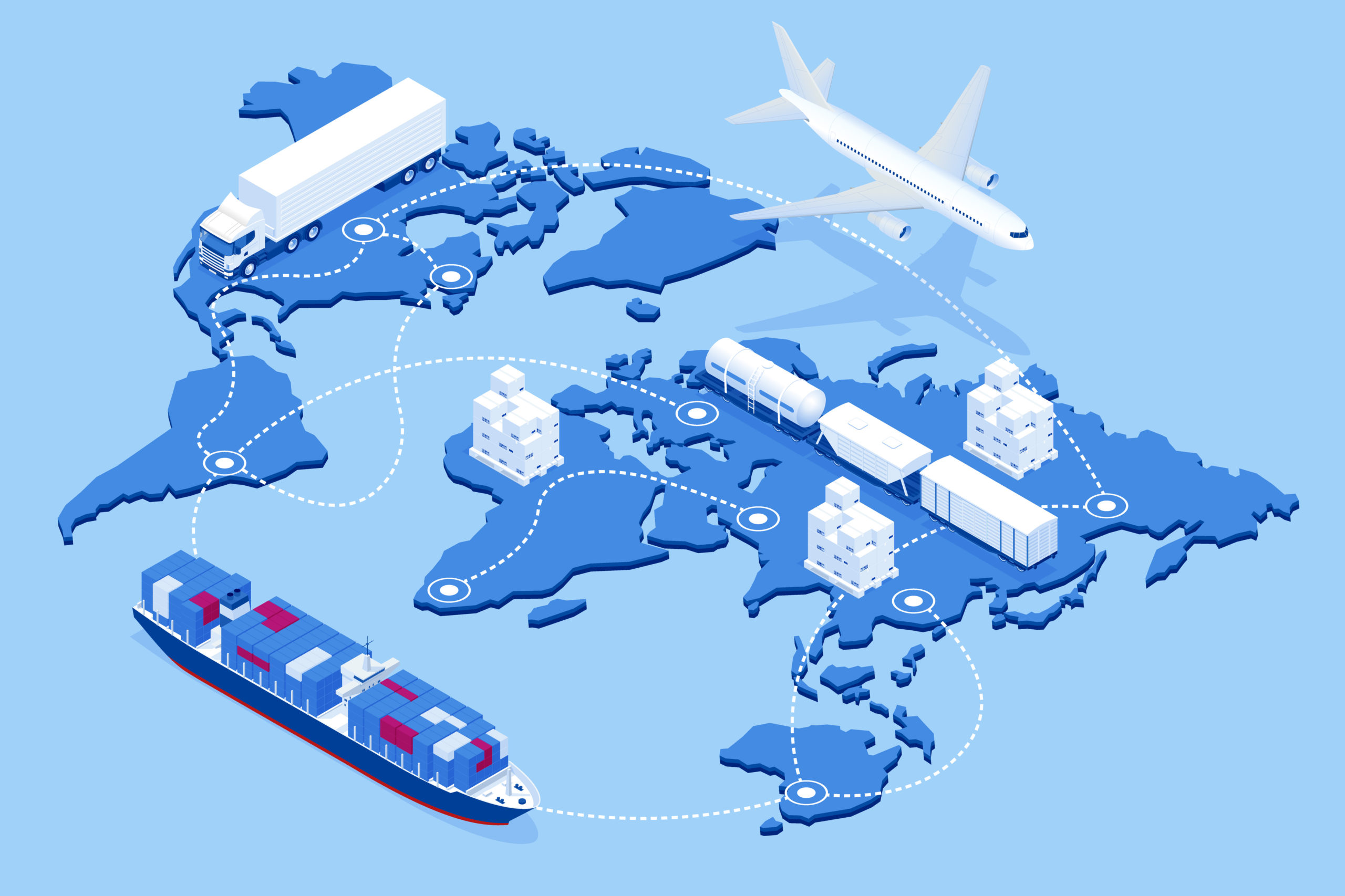 Global logistics network Flat 3d isometric vector illustration Icons set of air cargo trucking rail transportation maritime shipping On-time delivery Vehicles designed to carry large numbers of cargo